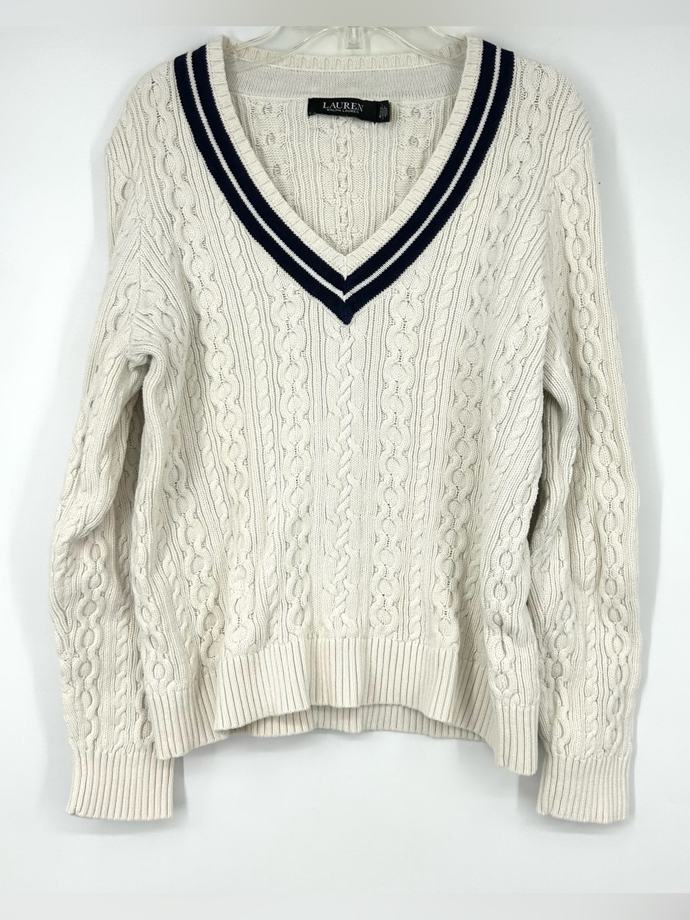 Ralph Lauren Cable Knit Cricket Sweater V Neck Ivory Navy